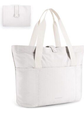 Women Beige Large Foldable Tote Bag Zipper Travel Work Shoulder Bag